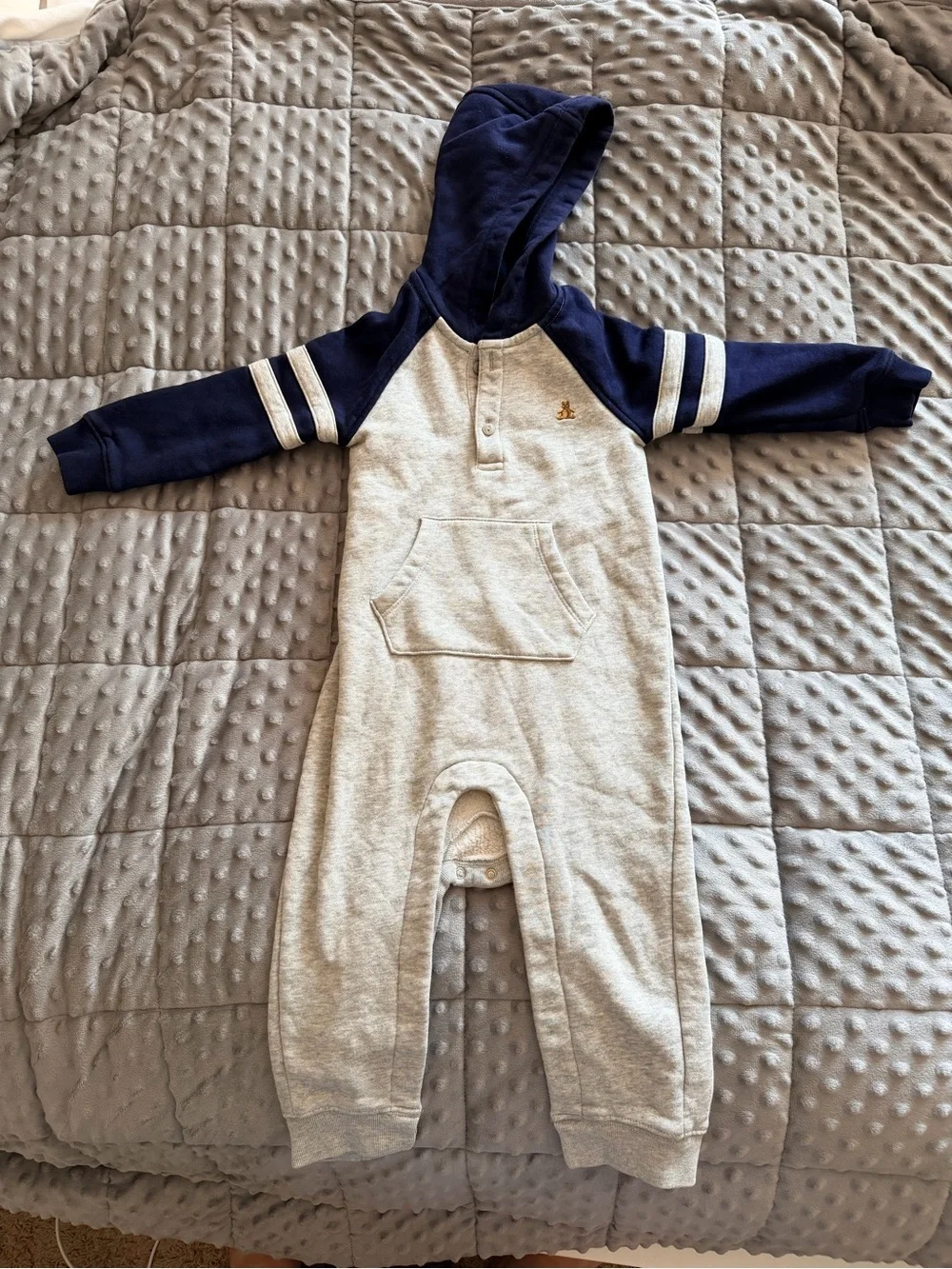 GAP Hooded One-Piece Bodysuit in Heather Gray and Navy